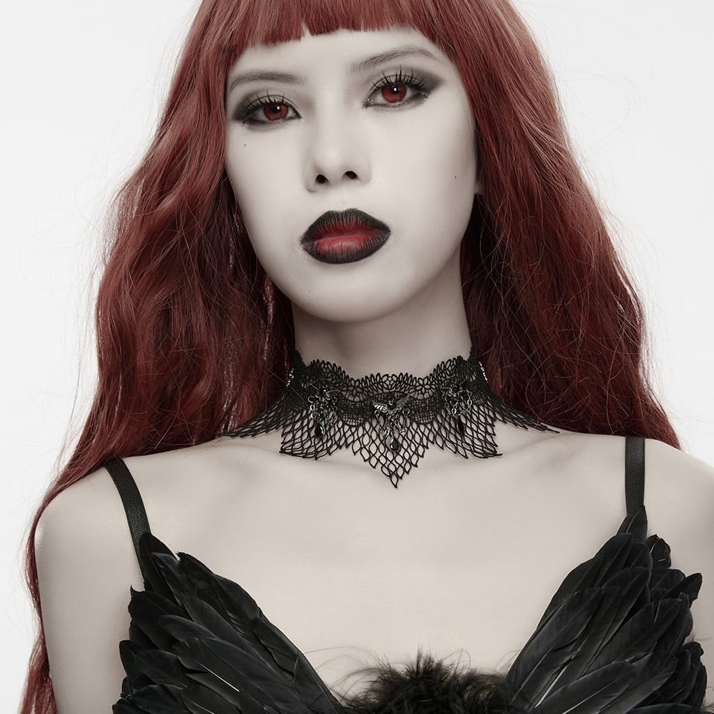 PUNK RAVE Women's Gothic Bat Decor Lace Choker