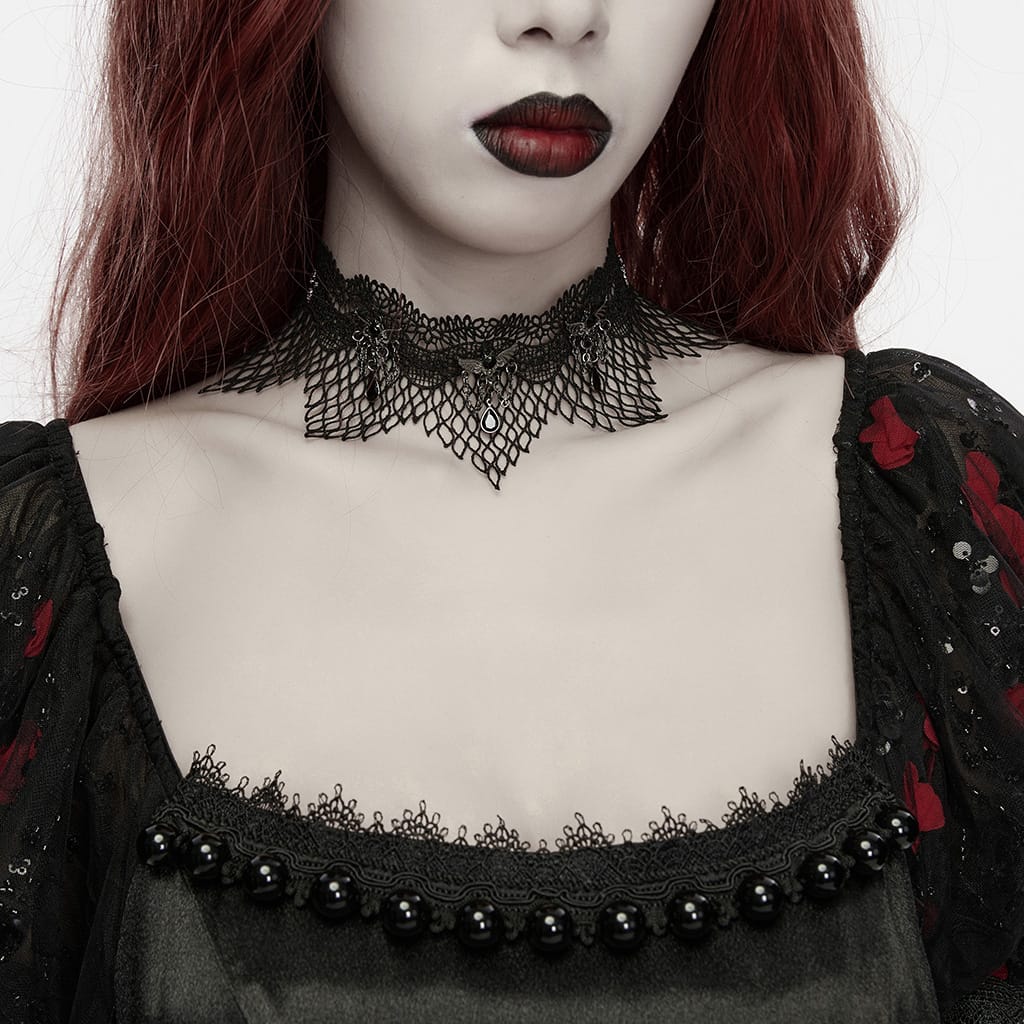 PUNK RAVE Women's Gothic Bat Decor Lace Choker