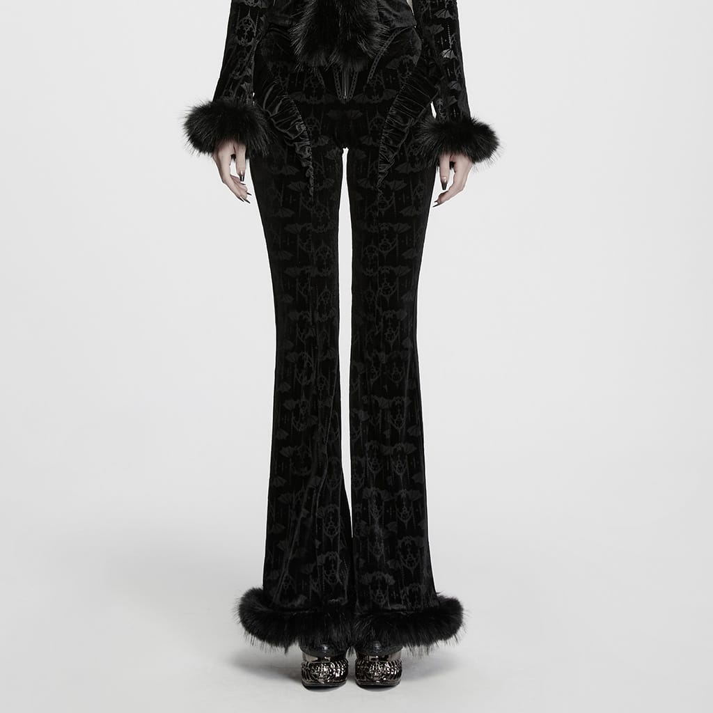 PUNK RAVE Women's Gothic Bat Jacquard Ruffle Trim Velvet Flare Pants
