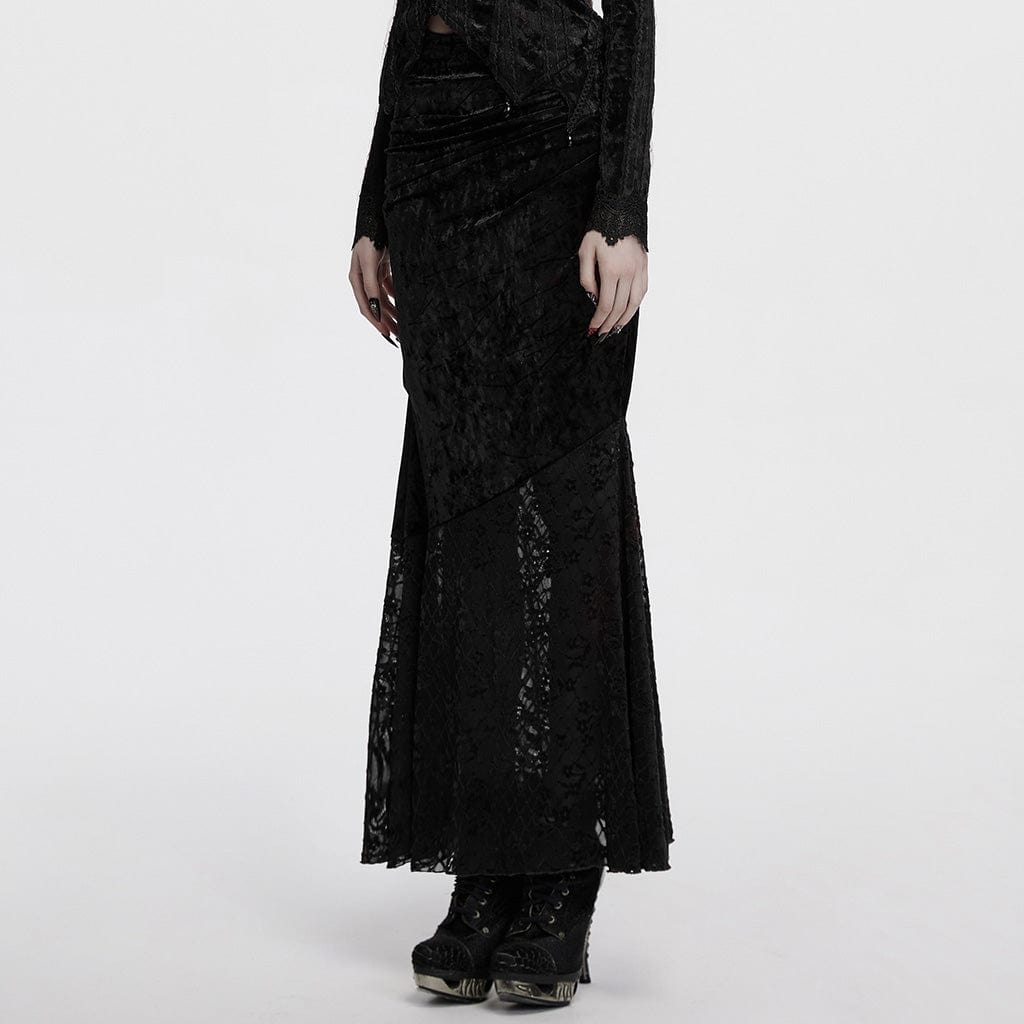 PUNK RAVE Women's Gothic Batwing Lace Splice Velvet Fishtailed Skirt Black