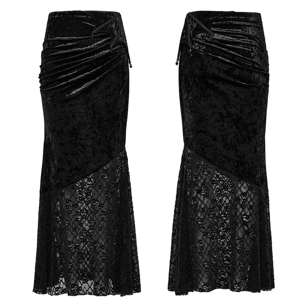 PUNK RAVE Women's Gothic Batwing Lace Splice Velvet Fishtailed Skirt Black