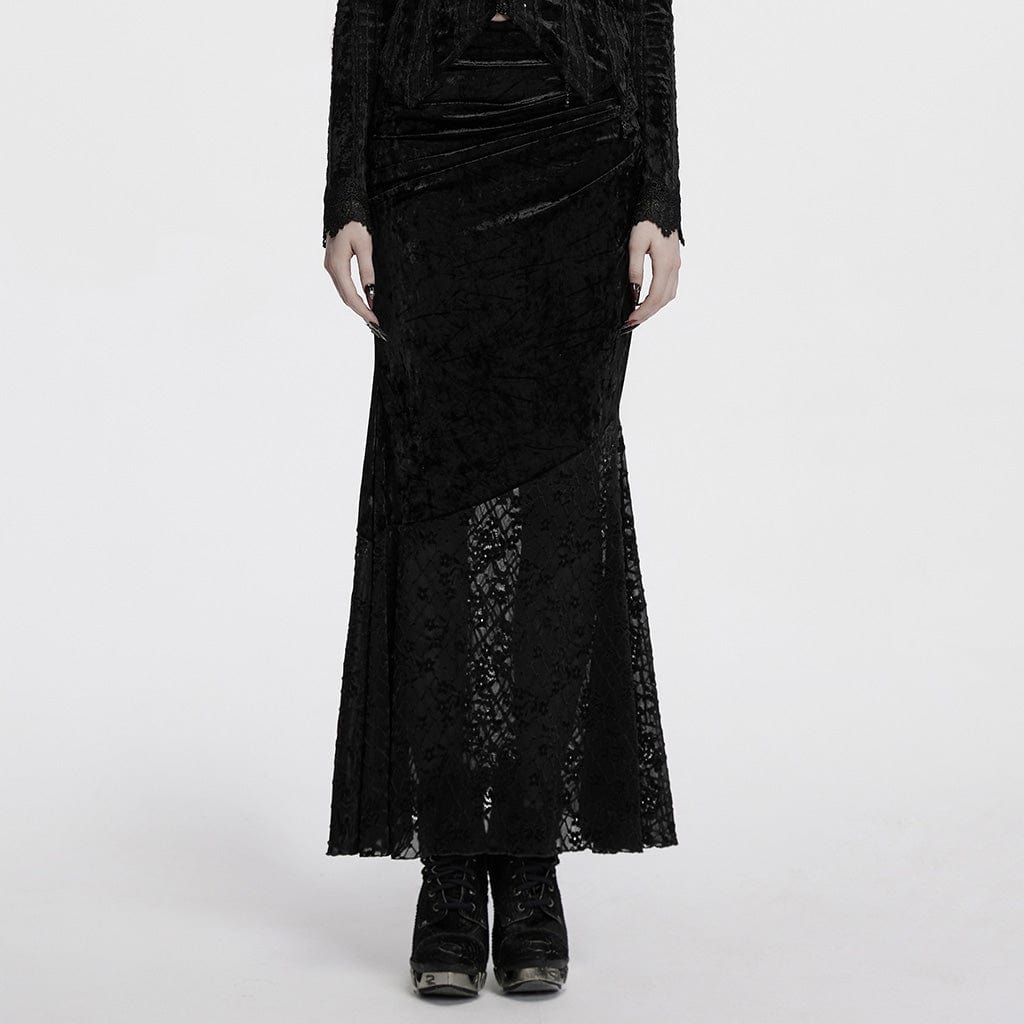 PUNK RAVE Women's Gothic Batwing Lace Splice Velvet Fishtailed Skirt Black