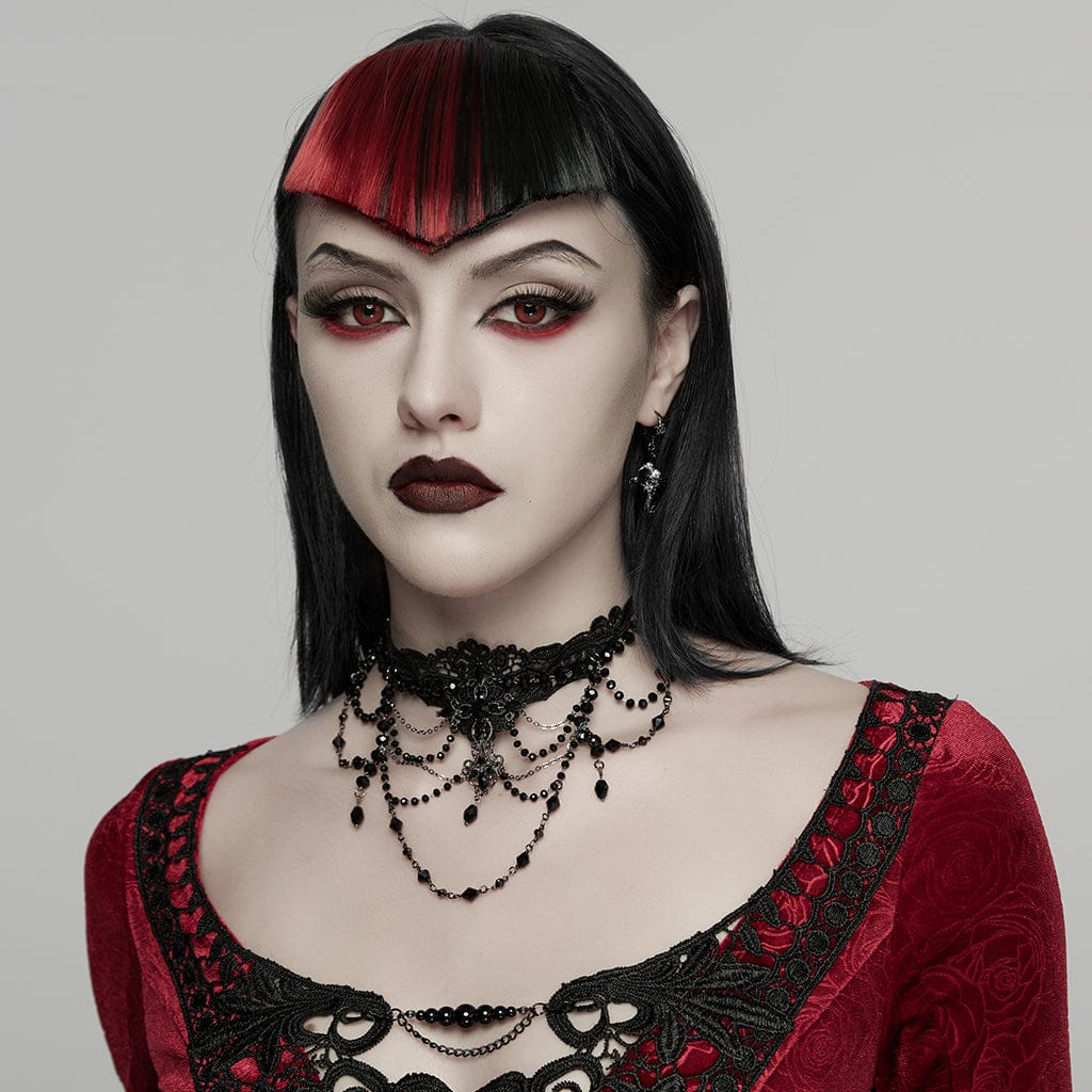 PUNK RAVE Women's Gothic Beaded Chained Lace Choker