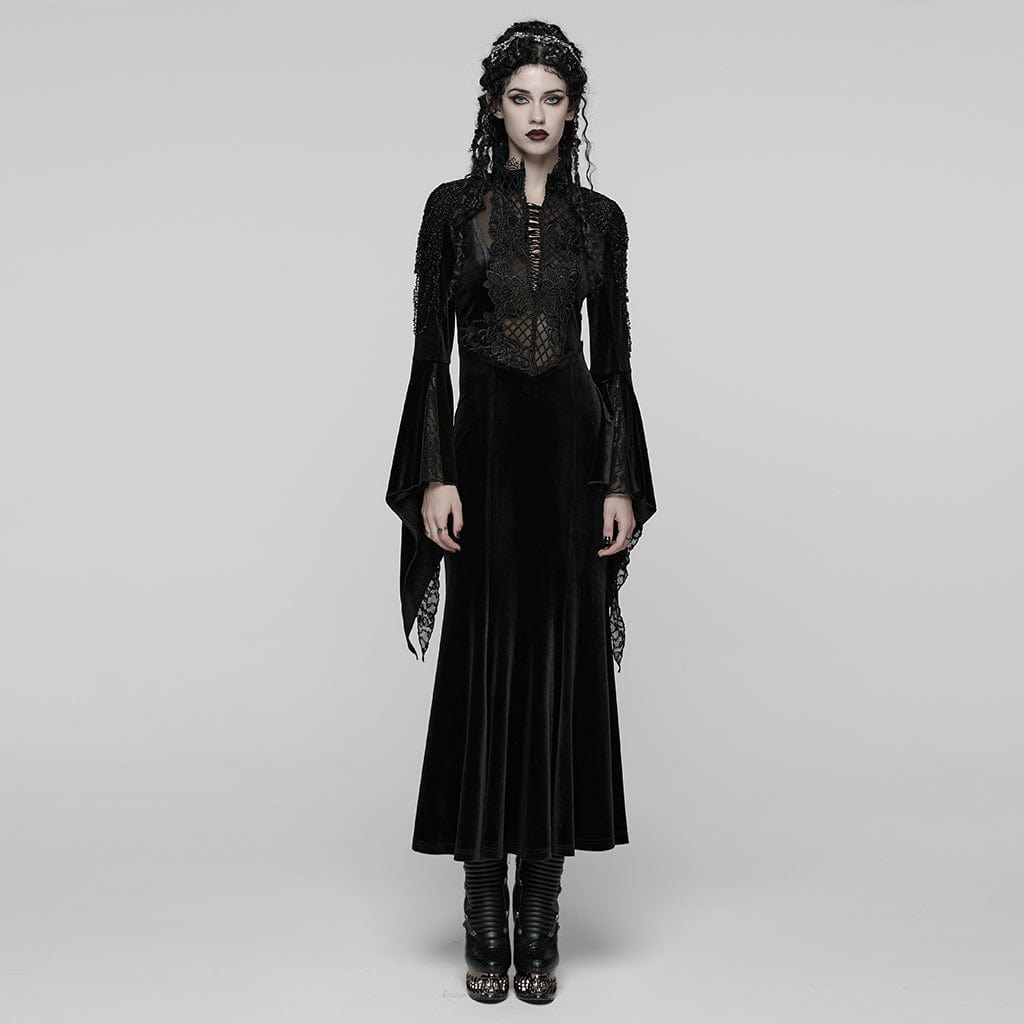 PUNK RAVE Women's Gothic Beaded Flare Sleeved Maxi Dress Witch Dress