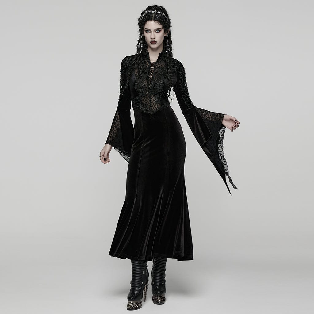PUNK RAVE Women's Gothic Beaded Flare Sleeved Maxi Dress Witch Dress