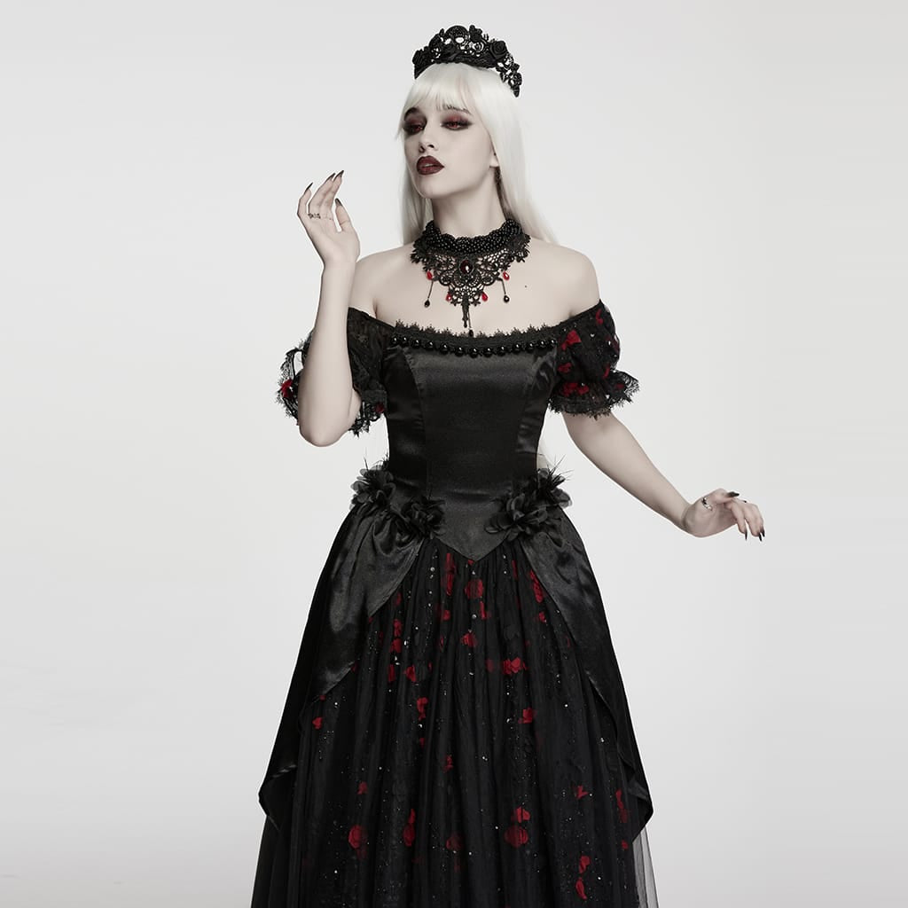 PUNK RAVE Women's Gothic Beaded Lace Choker Black-Red