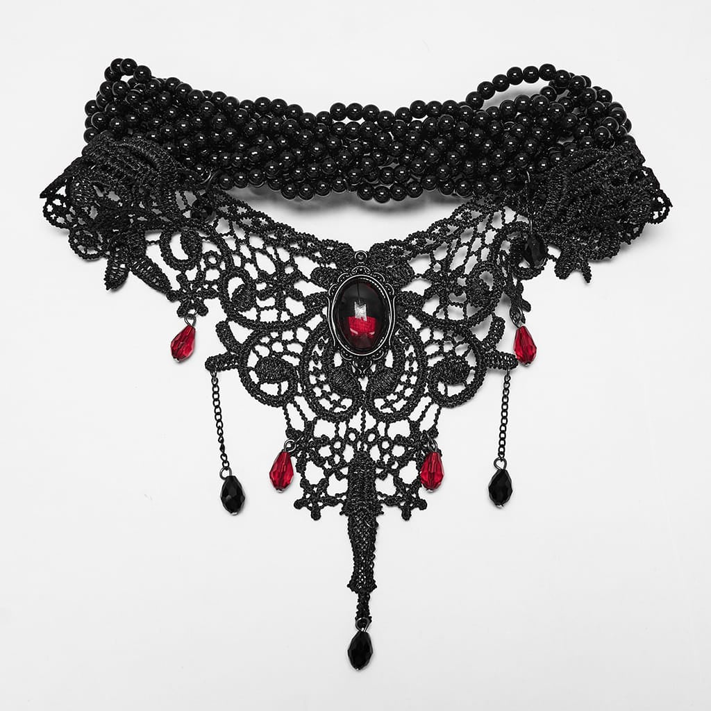 PUNK RAVE Women's Gothic Beaded Lace Choker Black-Red