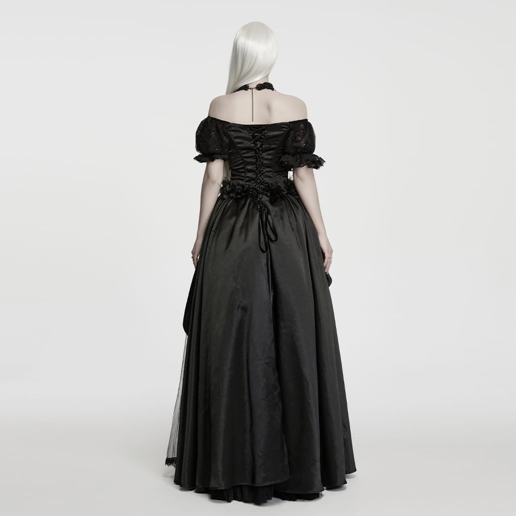 PUNK RAVE Women's Gothic Beaded Rose Square-cut Collar Puff Sleeve Maxi Dress Black