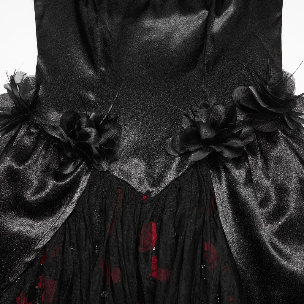 PUNK RAVE Women's Gothic Beaded Rose Square-cut Collar Puff Sleeve Maxi Dress Black-Red