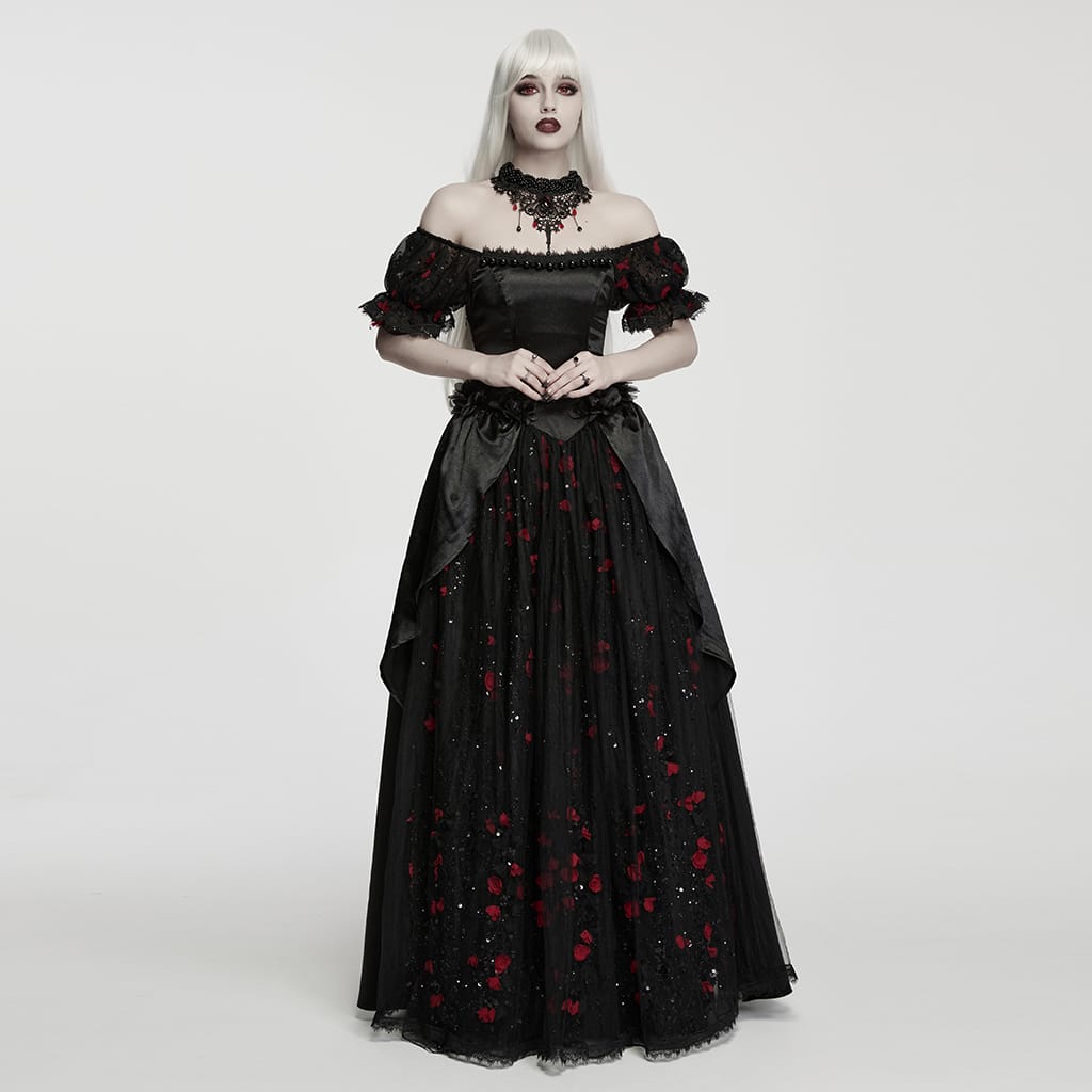 PUNK RAVE Women's Gothic Beaded Rose Square-cut Collar Puff Sleeve Maxi Dress Black-Red