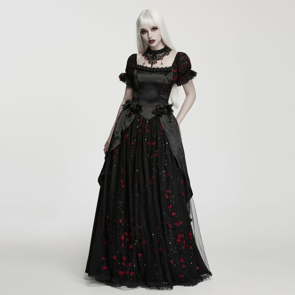 PUNK RAVE Women's Gothic Beaded Rose Square-cut Collar Puff Sleeve Maxi Dress Black-Red