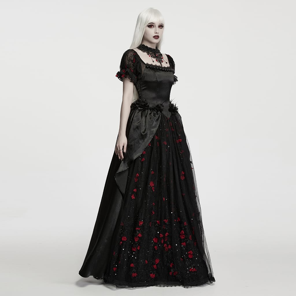 PUNK RAVE Women's Gothic Beaded Rose Square-cut Collar Puff Sleeve Maxi Dress Black-Red