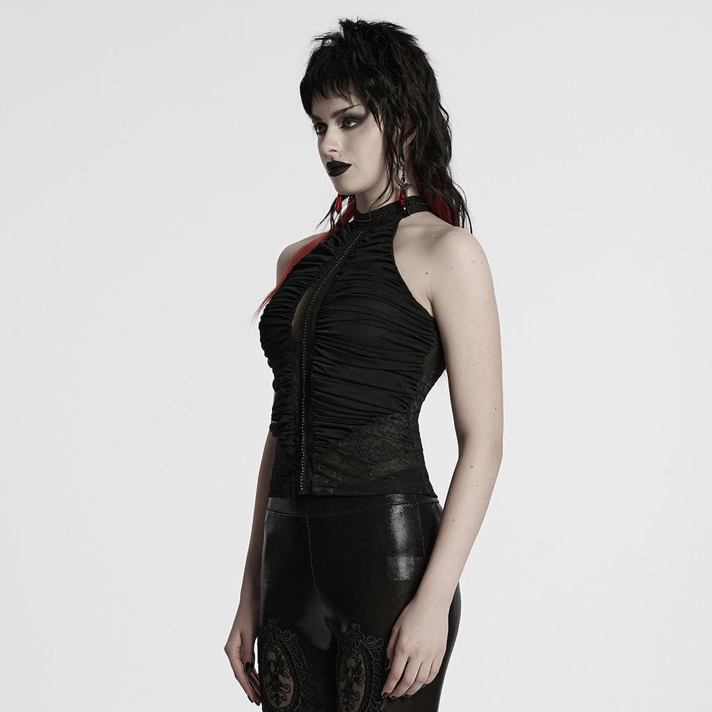 PUNK RAVE Women's Gothic Beaded Ruched Lace Halter Neck Top