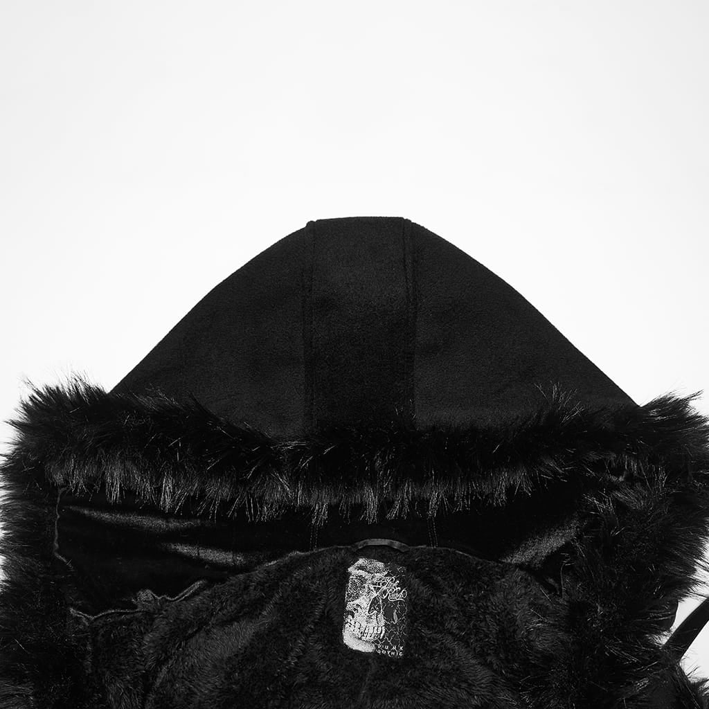 PUNK RAVE Women's Gothic Beaded Tassel Faux Fur Trim Hooded Cloak