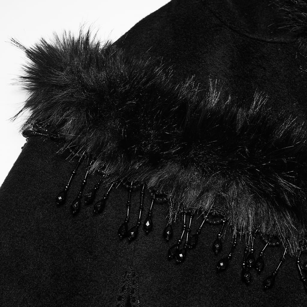 PUNK RAVE Women's Gothic Beaded Tassel Faux Fur Trim Hooded Cloak