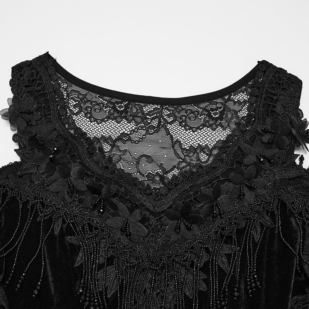PUNK RAVE Women's Gothic Beaded Tassel Off Shoulder Irregular Hem Dress