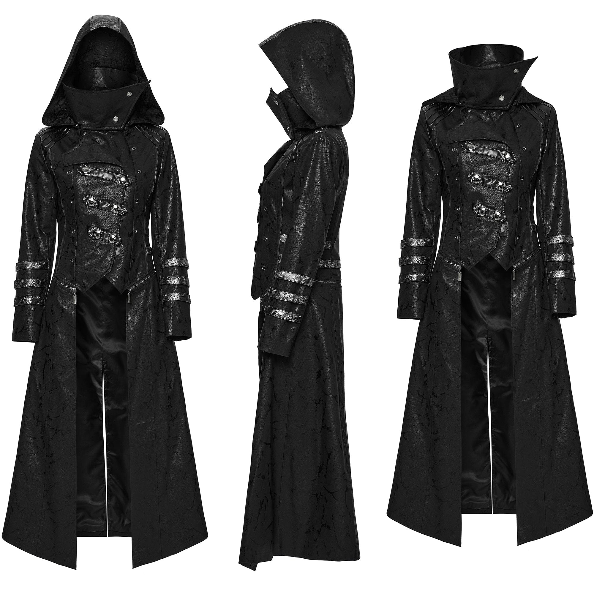 PUNK RAVE Women's Gothic Black Stretch Twill Fabric Chef Faux Leather Coat