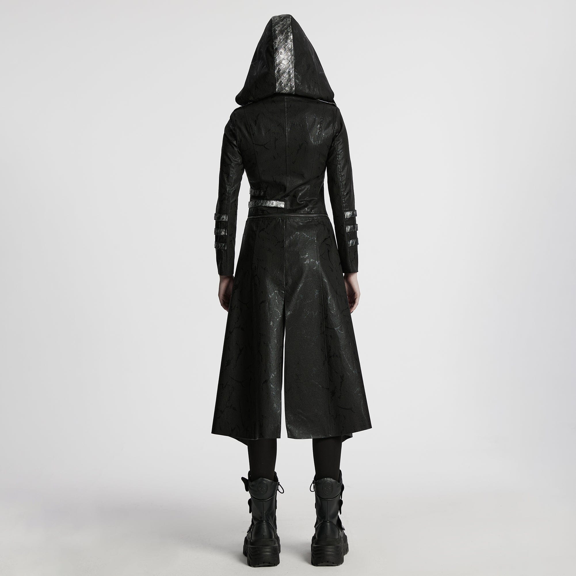 PUNK RAVE Women's Gothic Black Stretch Twill Fabric Chef Faux Leather Coat