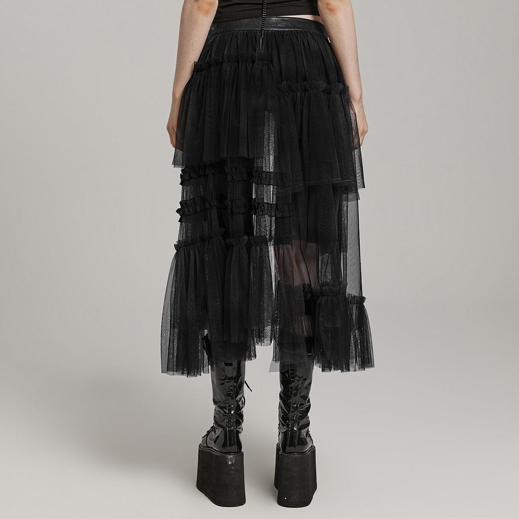 PUNK RAVE Women's Gothic Buckle Ruffled Mesh Long Over Skirt Black
