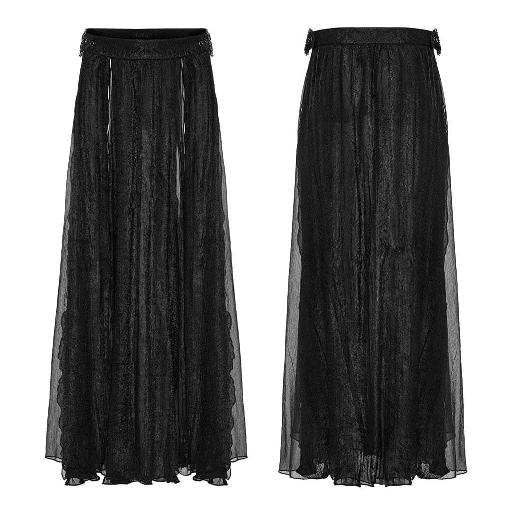 PUNK RAVE Women's Gothic Buckle Split Chiffon Skirt Black