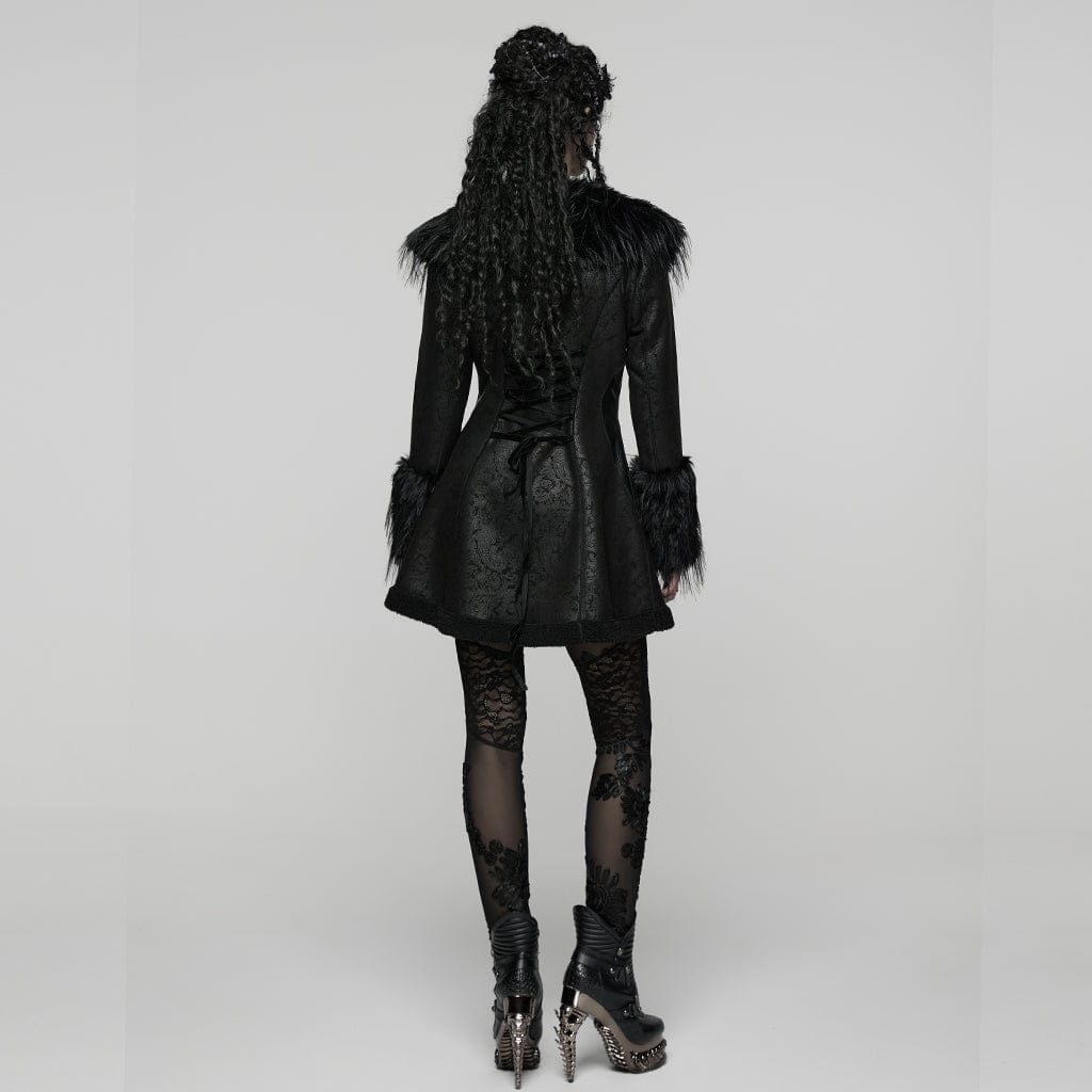 PUNK RAVE Women's Gothic Buckle Strap Turn-down Plush Collar Coat