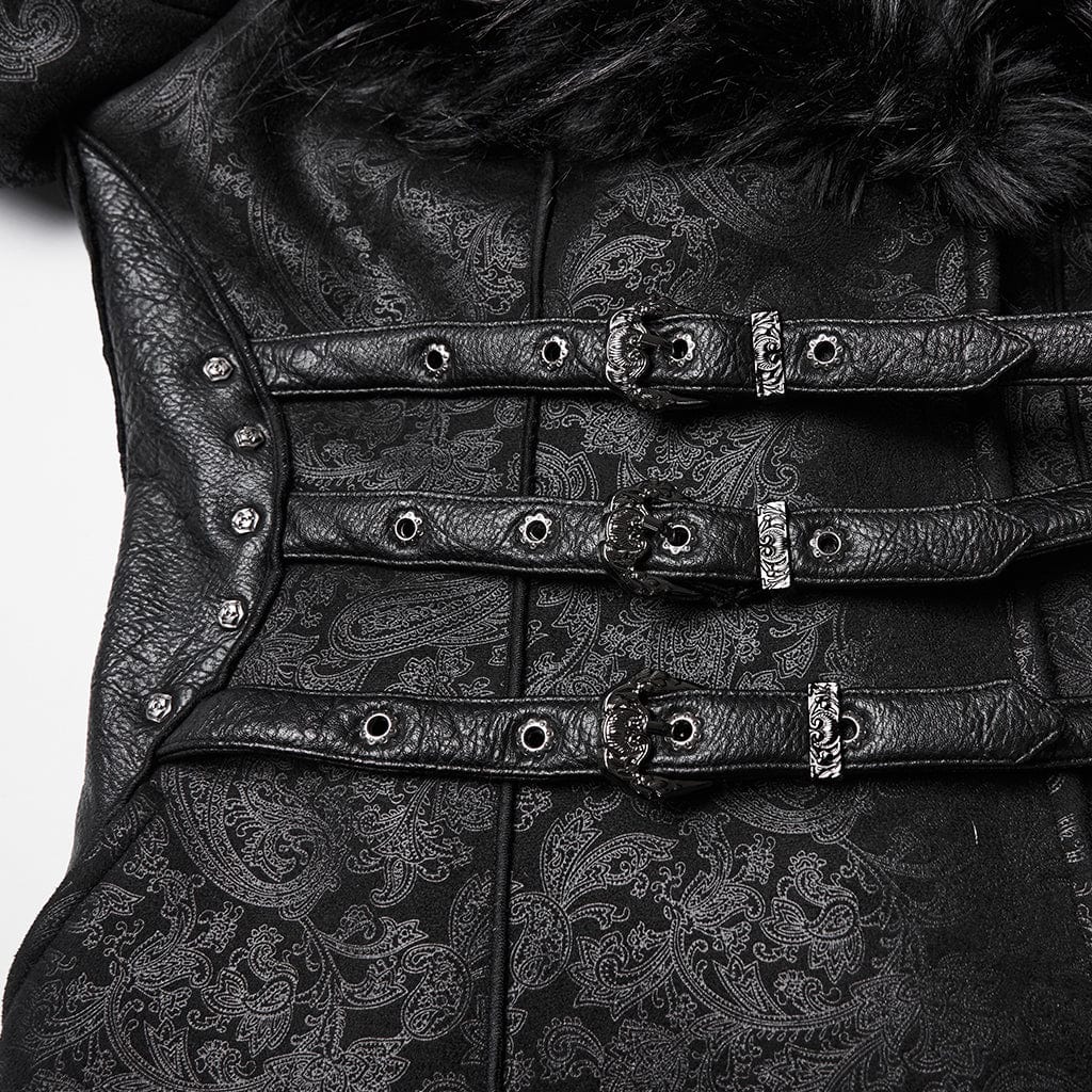 PUNK RAVE Women's Gothic Buckle Strap Turn-down Plush Collar Coat