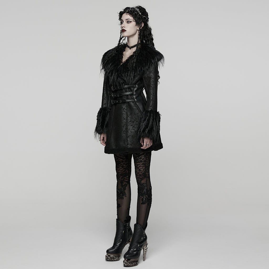 PUNK RAVE Women's Gothic Buckle Strap Turn-down Plush Collar Coat