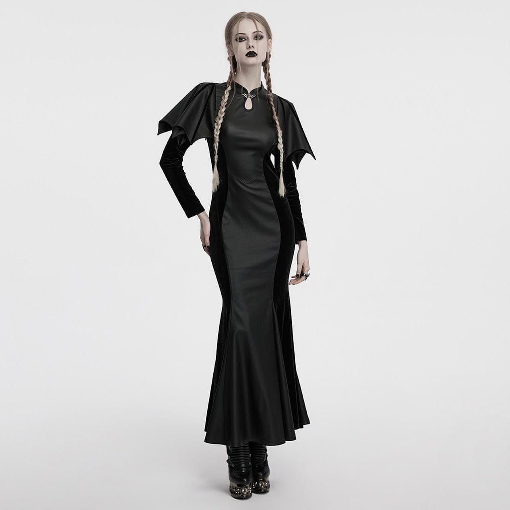 PUNK RAVE Women's Gothic Cheongsam Collar Batwing Fishtail Prom Dress