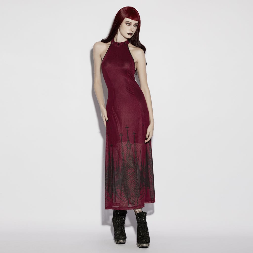 PUNK RAVE Women's Gothic Church Skull Printed Cross Halterneck Dress