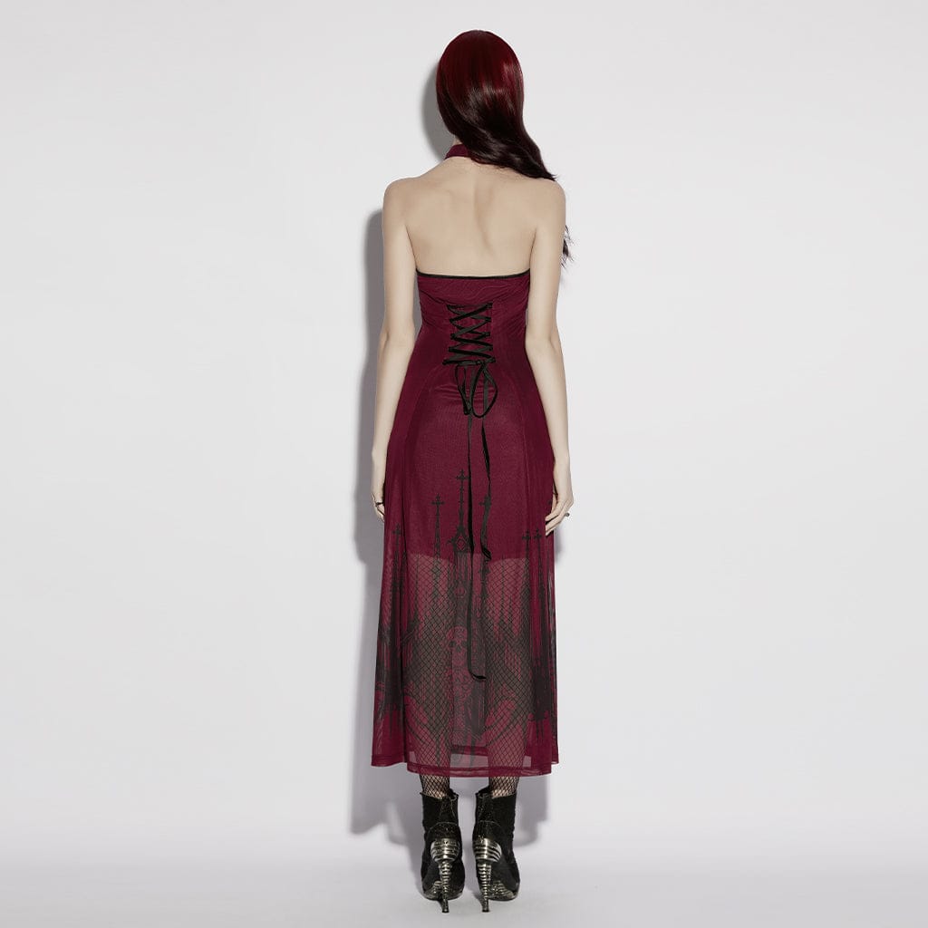 PUNK RAVE Women's Gothic Church Skull Printed Cross Halterneck Dress