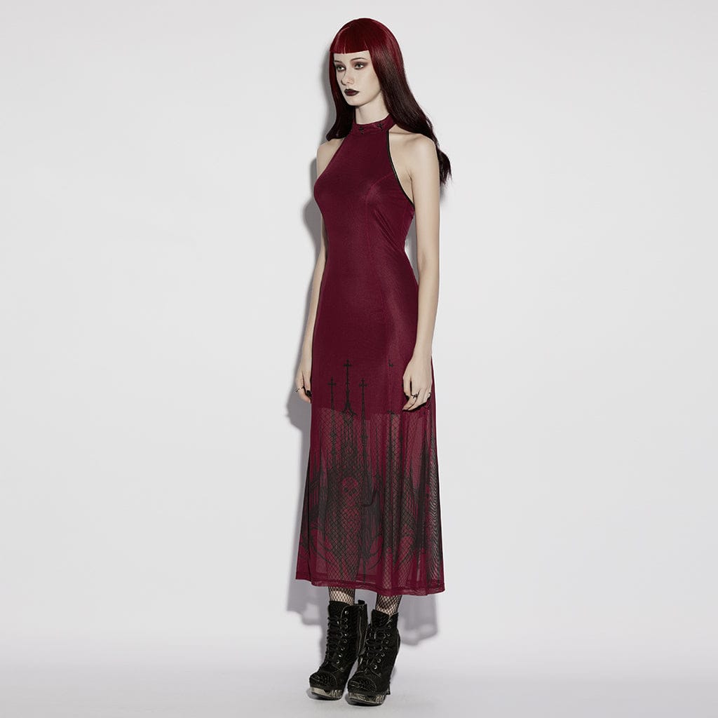 PUNK RAVE Women's Gothic Church Skull Printed Cross Halterneck Dress