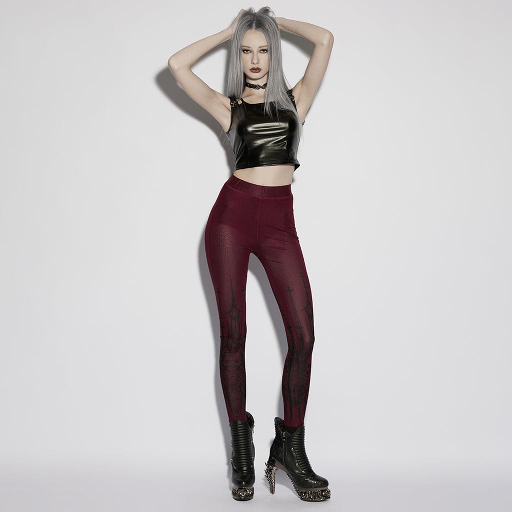 PUNK RAVE Women's Gothic Church Skull Printed Leggings