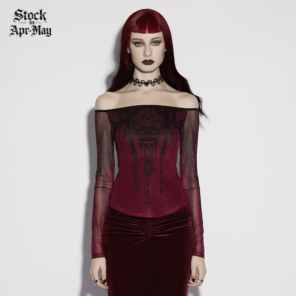 PUNK RAVE Women's Gothic Church Skull Printed Off Shoulder Mesh Top