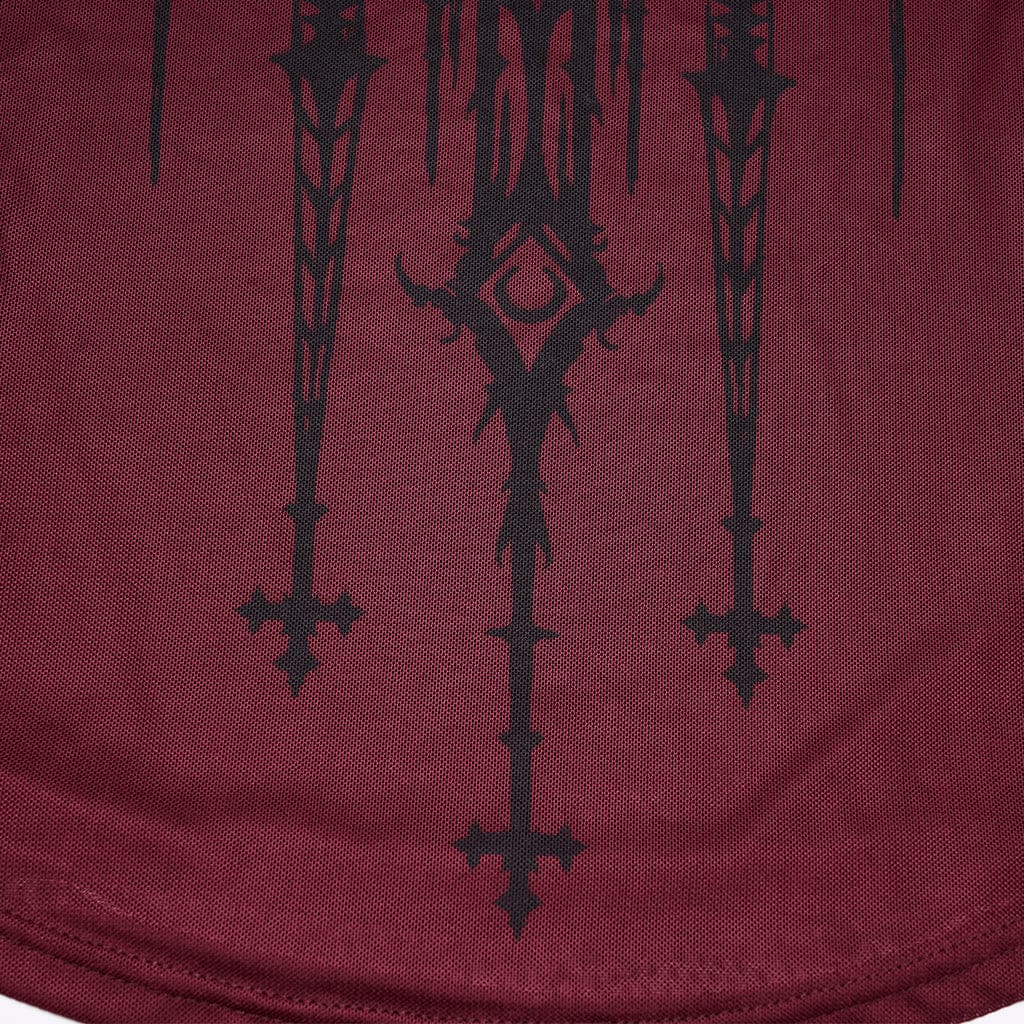 PUNK RAVE Women's Gothic Church Skull Printed Off Shoulder Mesh Top