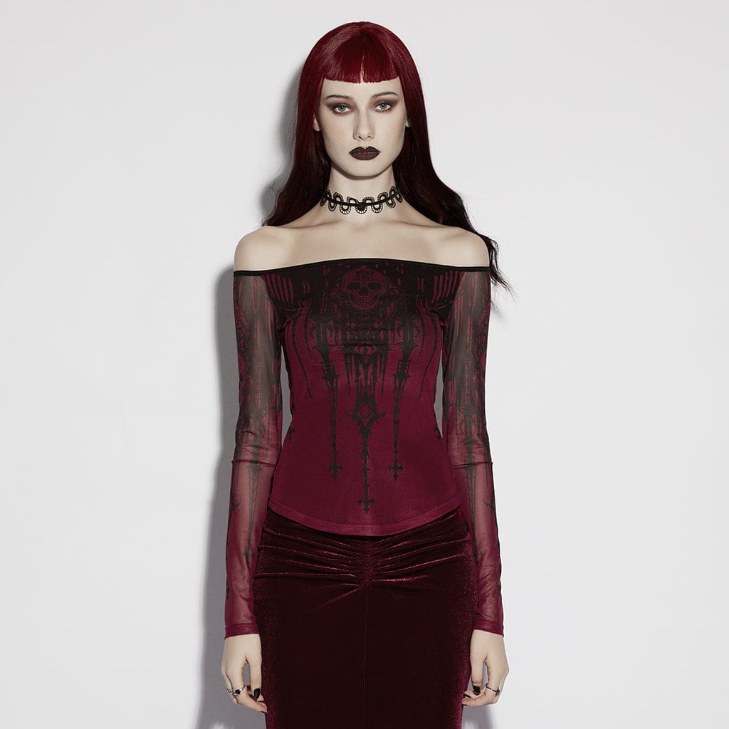 PUNK RAVE Women's Gothic Church Skull Printed Off Shoulder Mesh Top