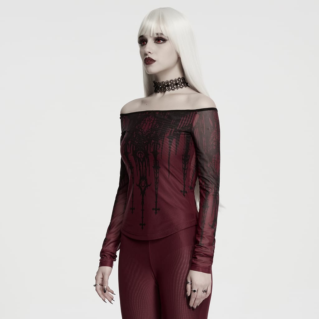 PUNK RAVE Women's Gothic Church Skull Printed Off Shoulder Mesh Top
