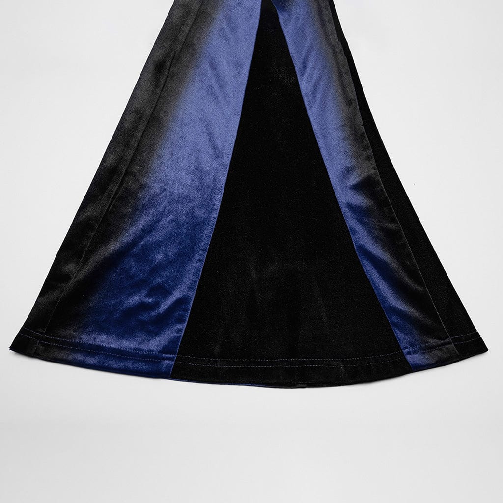 PUNK RAVE Women's Gothic Contrast Color Drawstring Velvet Flared Pants Blue