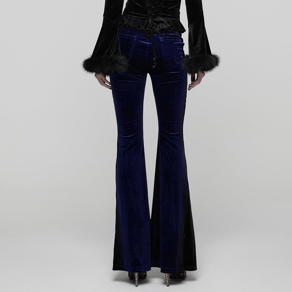 PUNK RAVE Women's Gothic Contrast Color Drawstring Velvet Flared Pants Blue