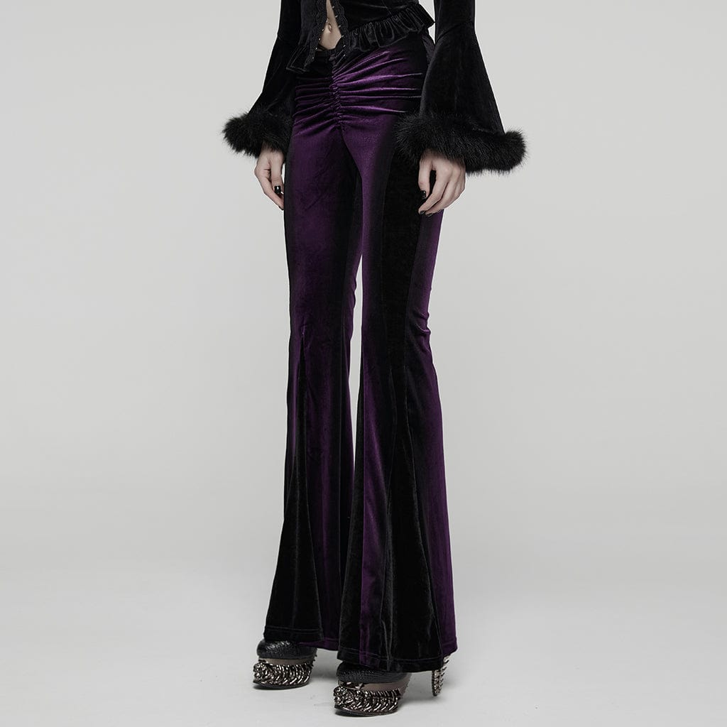PUNK RAVE Women's Gothic Contrast Color Drawstring Velvet Flared Violet