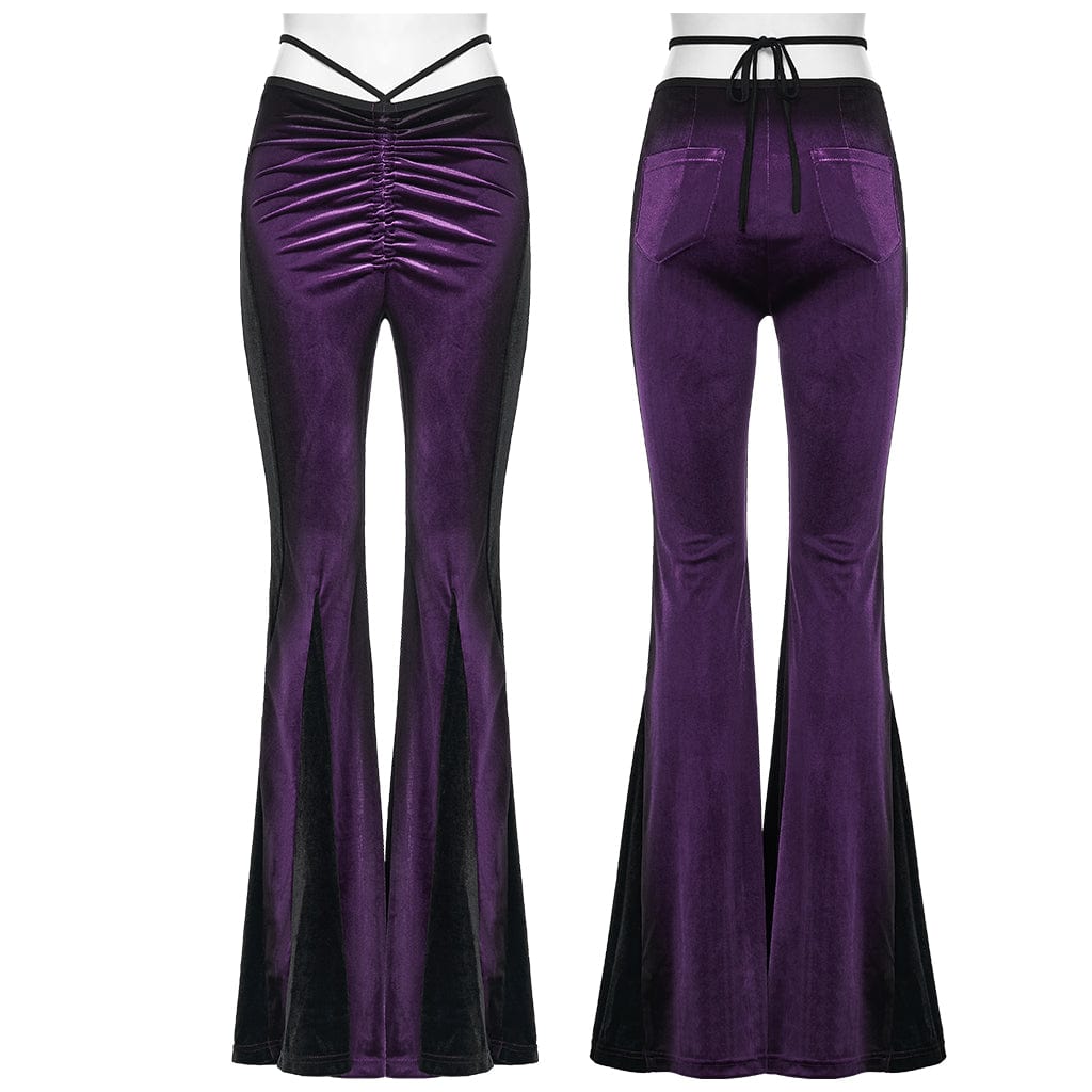 PUNK RAVE Women's Gothic Contrast Color Drawstring Velvet Flared Violet