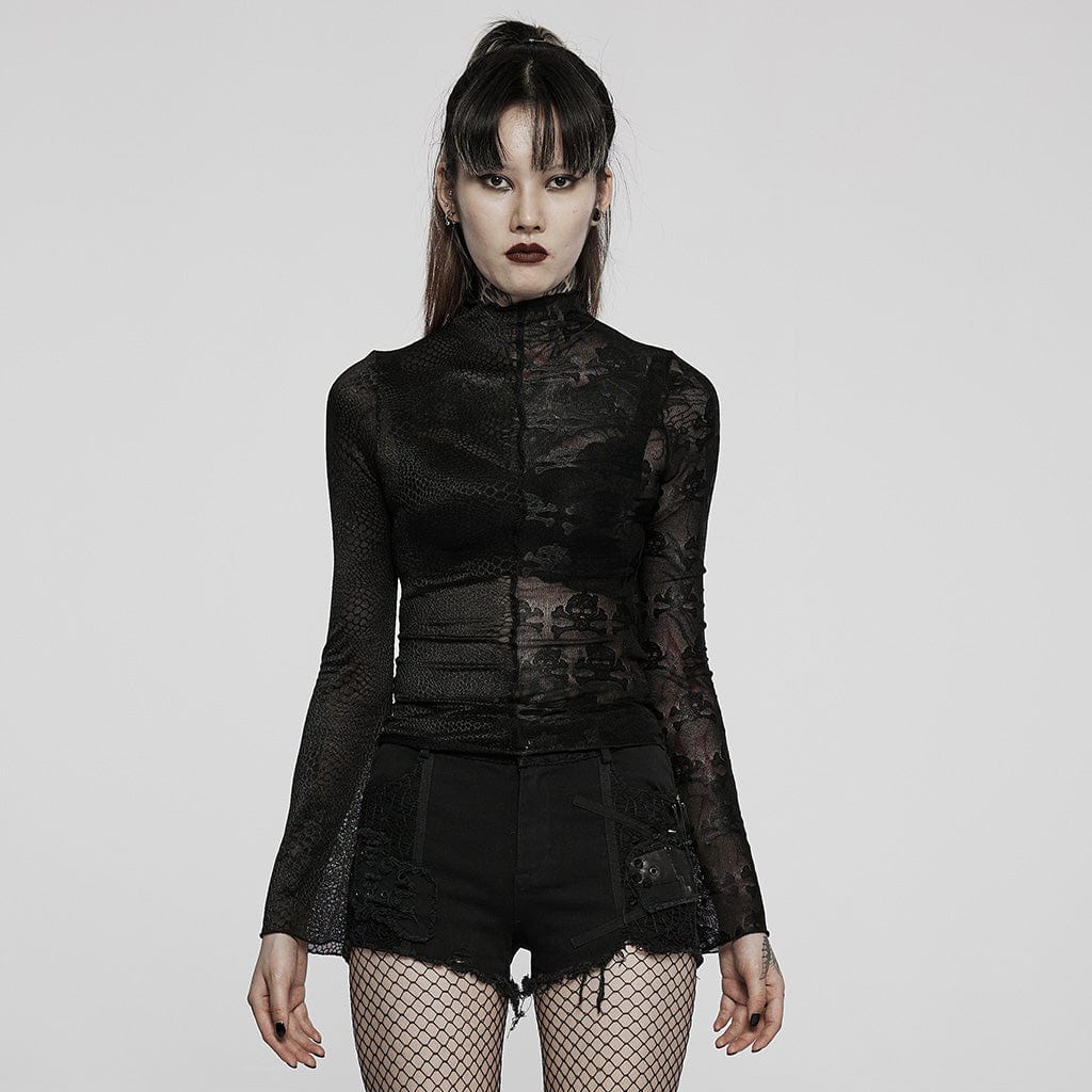 PUNK RAVE Women's Gothic Contrast Color Sheer Floral Lace Shirt