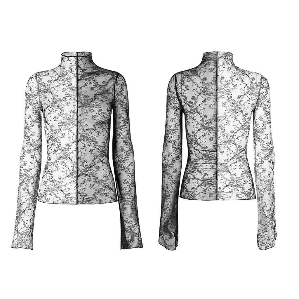 PUNK RAVE Women's Gothic Contrast Color Sheer Floral Lace Shirt