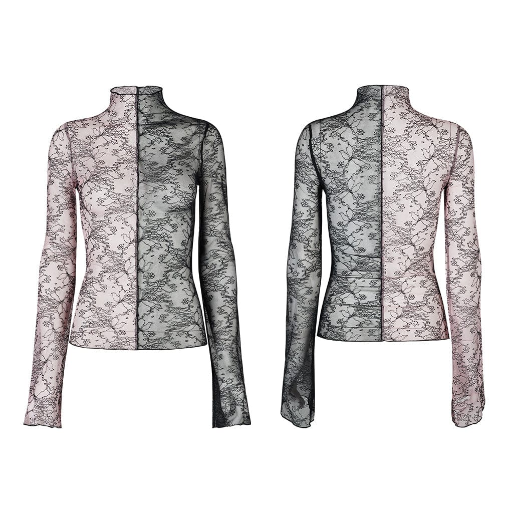 PUNK RAVE Women's Gothic Contrast Color Sheer Floral Lace Shirt