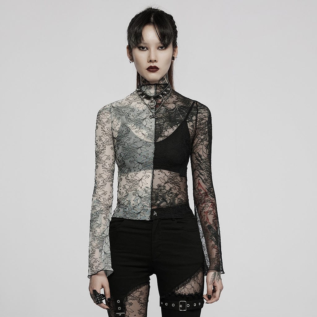 PUNK RAVE Women's Gothic Contrast Color Sheer Floral Lace Shirt