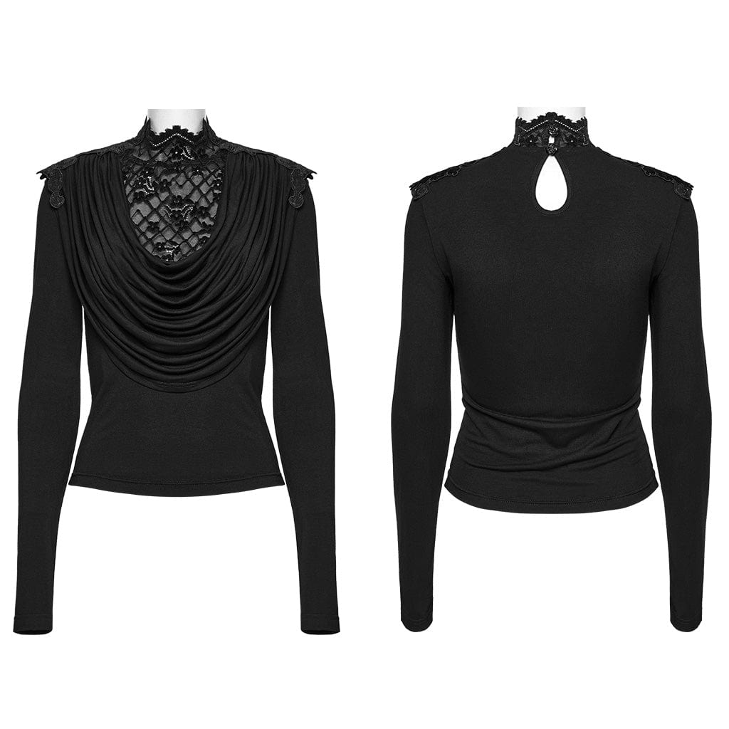 PUNK RAVE Women's Gothic Cowl Neck Lace Splice Shirt