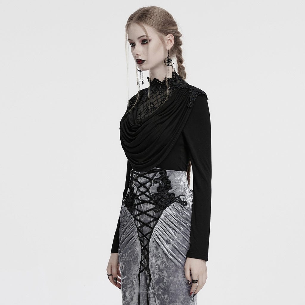 PUNK RAVE Women's Gothic Cowl Neck Lace Splice Shirt