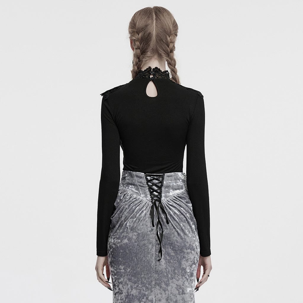 PUNK RAVE Women's Gothic Cowl Neck Lace Splice Shirt