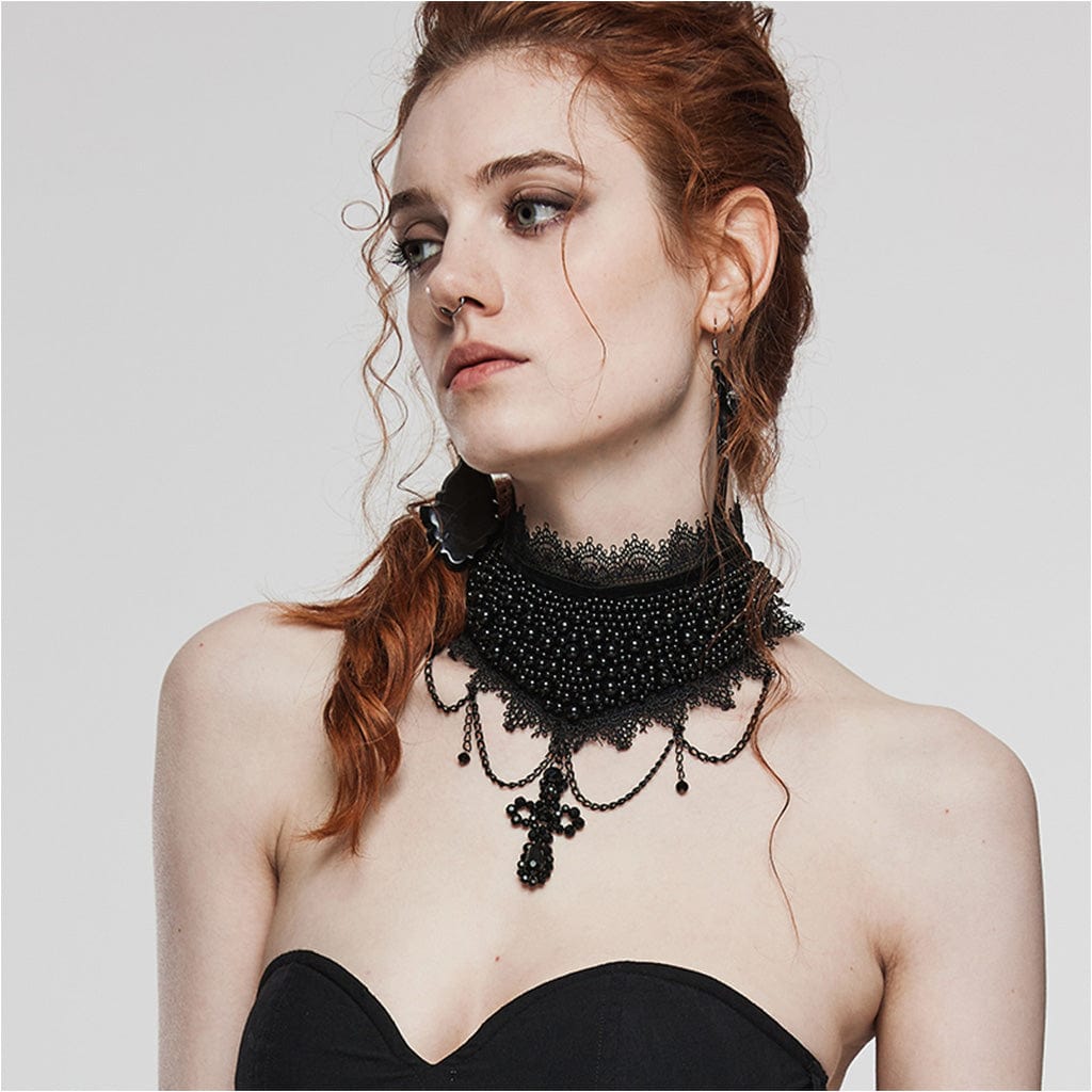 PUNK RAVE Women's Gothic Crosee Beaded Lace Hem Choker