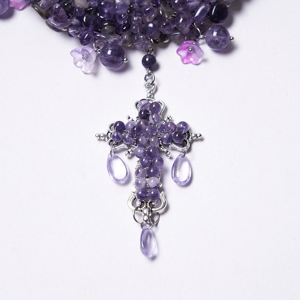 PUNK RAVE Women's Gothic Cross Beaded Necklace Violet