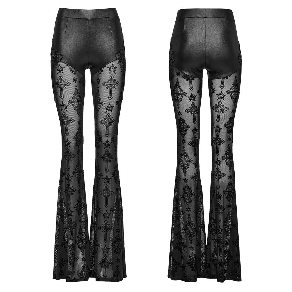 PUNK RAVE Women's Gothic Cross Flocking Mesh Flared Pants